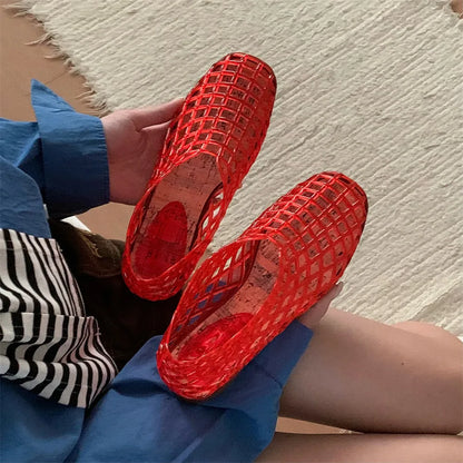 Women's New Flat Sandals with Hollow Transparent Color Mesh Jelly Shoes Woman Daily Walking Flats Plus Size 41 Soft PVC Footwear