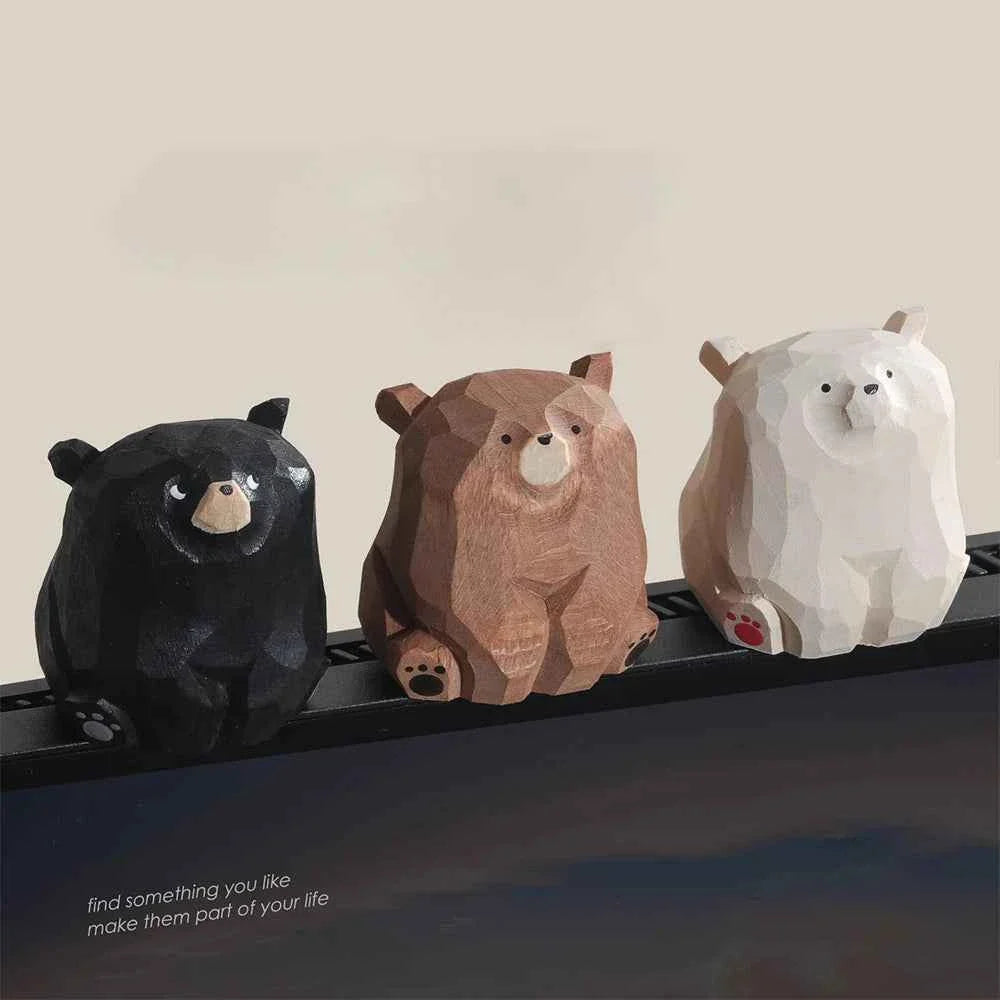 Hand Carved Wooden Bear Figurine Statue Set Black Brown