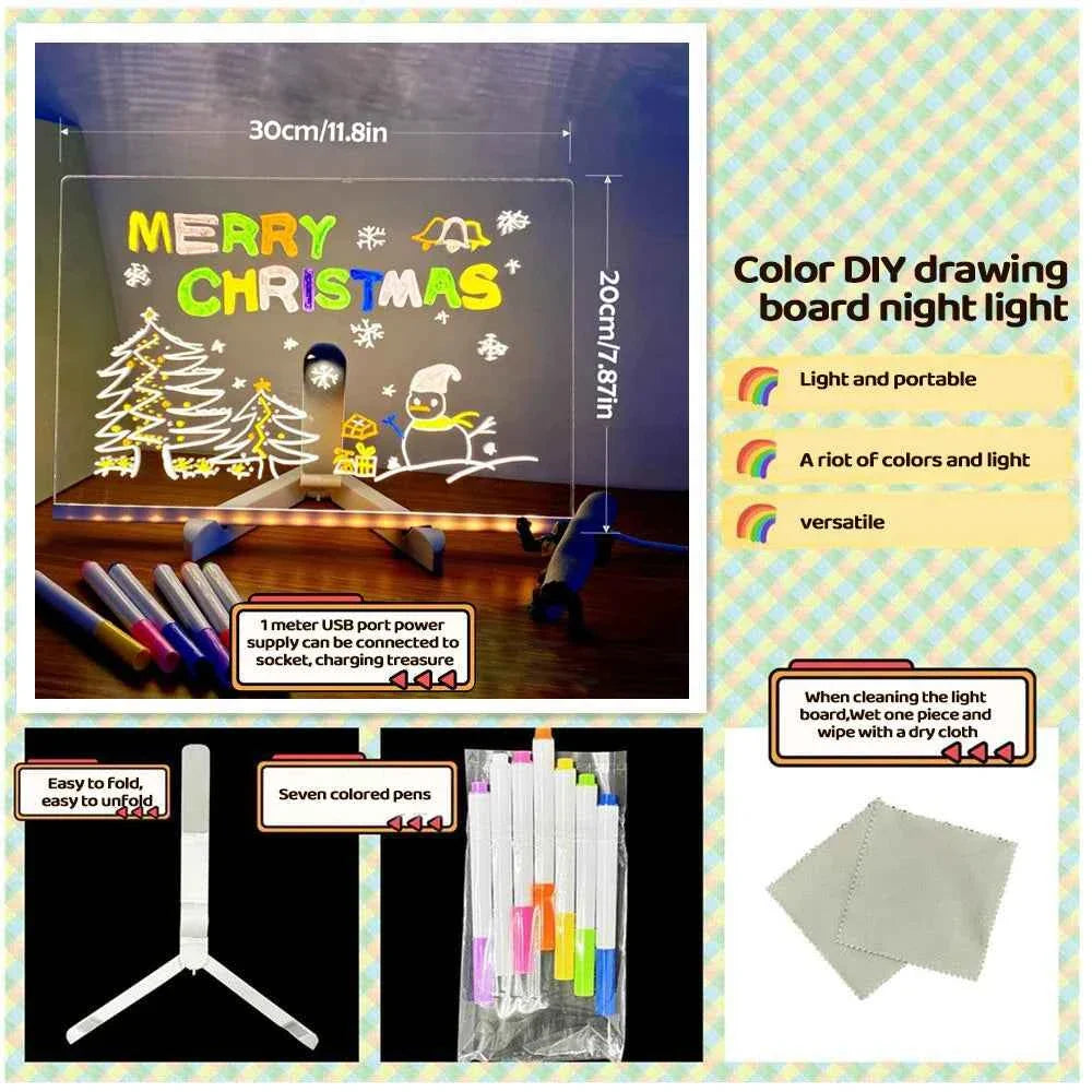 LED Note Board Night Light w/7 Color Pens - DIY Acrylic Message Board Gift