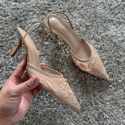 Mesh Embroidered Fashion Sandals Women String Bead High Heels Mules Shoes Pointed Toe Slingback Slippers Women Zapatos De Mujer