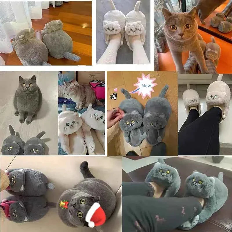 Cuddly Hug Cat Slippers Women Winter Home Fur Slides Kawaii