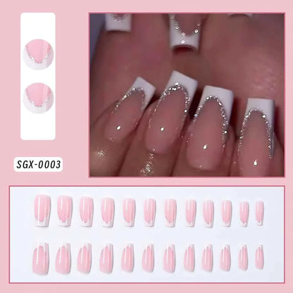 24pc Short Square French Press On Nails - White & Pink Flower Design