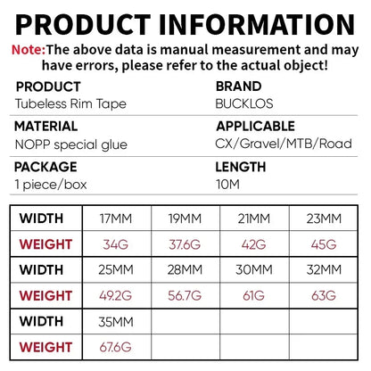 BUCKLOS 10M Bicycle Tubeless Rim Tape 17/19/21/23/25/28/30/32/35mm Width Bike Wheel Rim Stripe MTB Road Bike Wheel Rim Tape