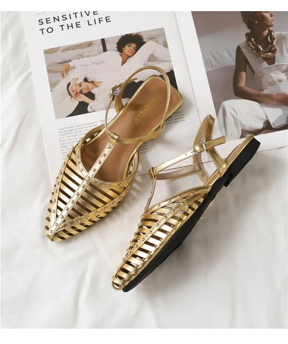 ZAROY Designer Narrow Band Flat Sandals Women Summer Point Toe Ankle Buckle Hollow Roman Sandal Plus Size Casual Beach Sandalias