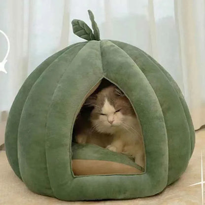 Cute Pumpkin Cat Bed (Up to 19.7 in) - Winter Warm Flannel Kitten Puppy Nest