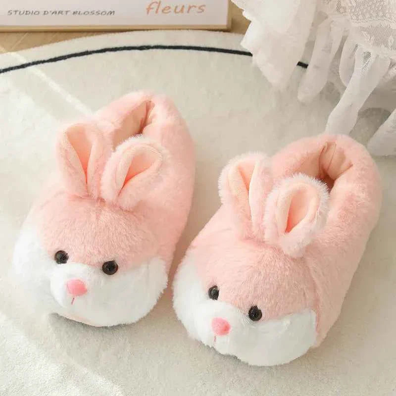 Cute Rabbit Plush Slippers for Women – Pink Warm Soft Indoor Winter House Shoes