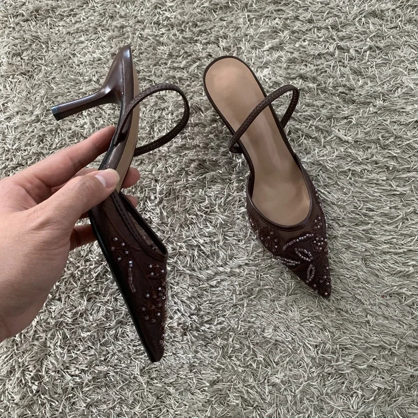 2026 String Bead Mesh Embroider Slingback High Heels Women Sexy Pointed Toe Heeled Sandals Summer Elegant Luxury Designer Shoes