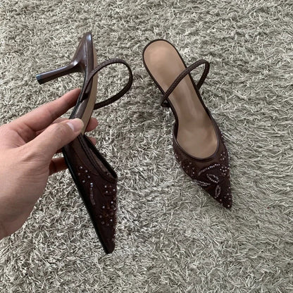 2026 String Bead Mesh Embroider Slingback High Heels Women Sexy Pointed Toe Heeled Sandals Summer Elegant Luxury Designer Shoes