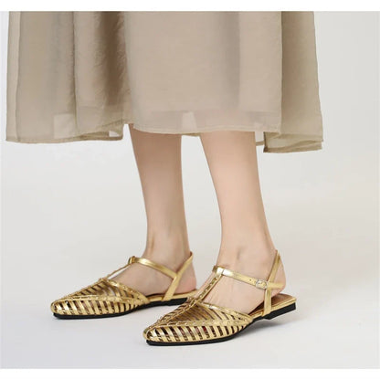 ZAROY Designer Narrow Band Flat Sandals Women Summer Point Toe Ankle Buckle Hollow Roman Sandal Plus Size Casual Beach Sandalias