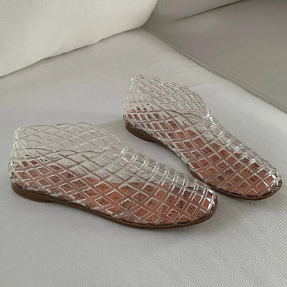 Women's New Flat Sandals with Hollow Transparent Color Mesh Jelly Shoes Woman Daily Walking Flats Plus Size 41 Soft PVC Footwear