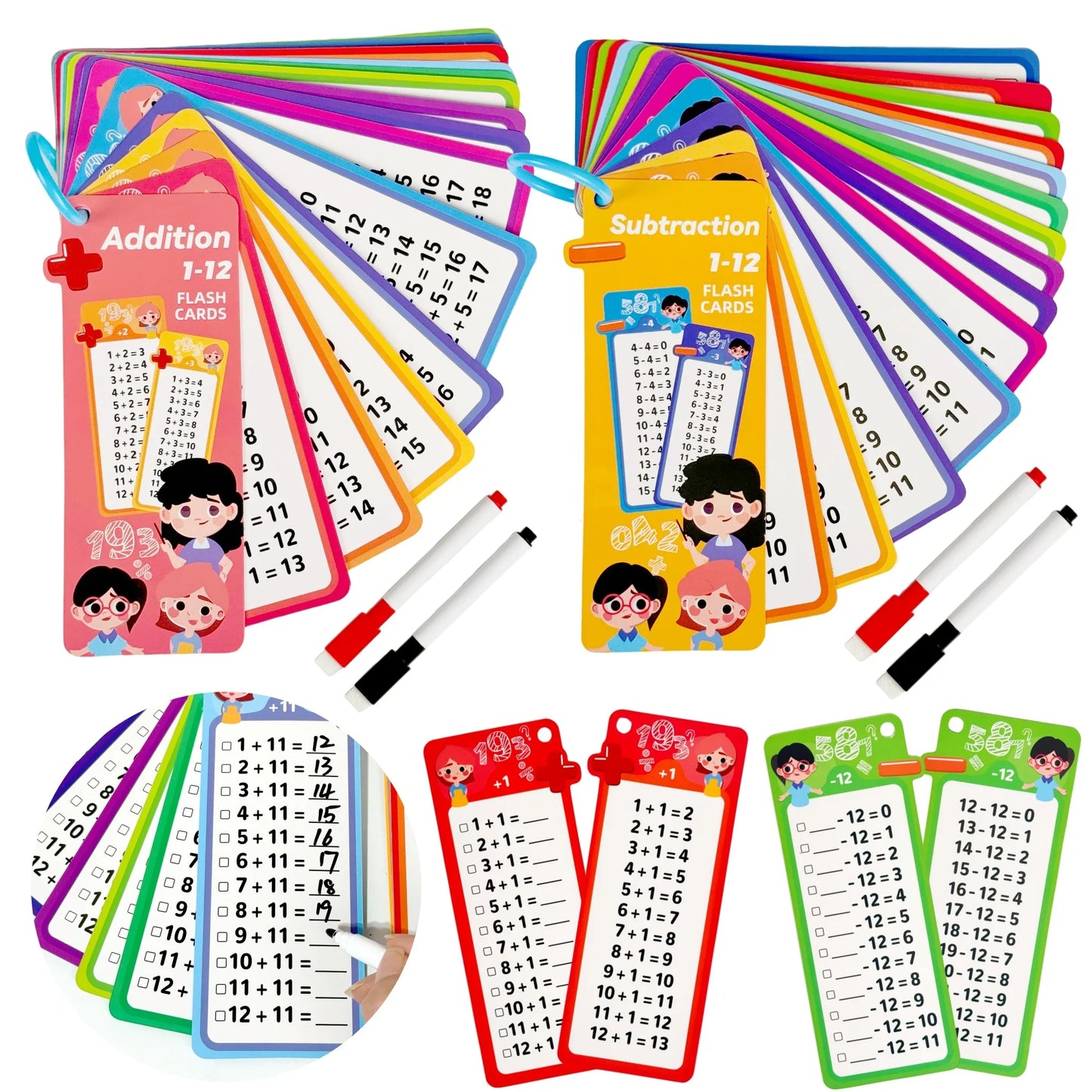 Digital Learning Flash Cards, Addition, Subtraction, Multiplication, Division, Fractions, Math Formula Memory, 15 Cards with Two Erasable Pens, Learning Toy