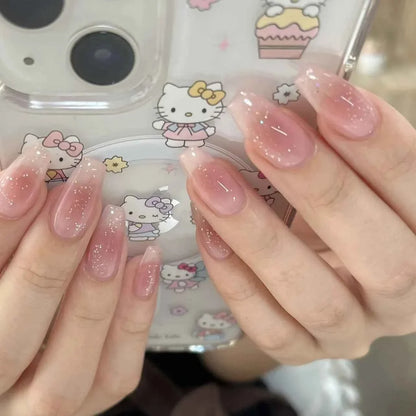 24pc Short Square Coffin Press On Nails - Glitter Diamond Blush Pink Cat Eye