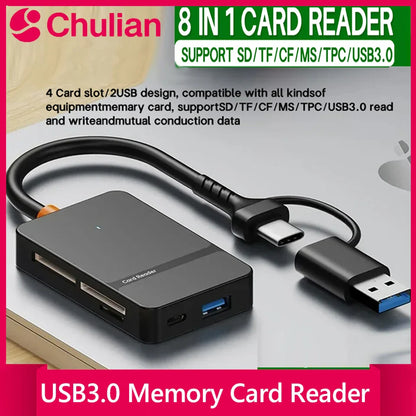 8-in-1 Card Reader USB3.0 Hub CF/SD/MS/TF Memory Card Reader for PC iPhone15 16 Trail Camera Converter External USB Flash Drive