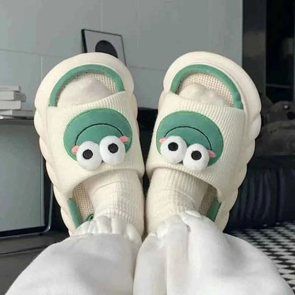 Frog Linen Slippers – Warm Indoor Home Slides with Thick Sole Anti-Slip for Women & Couples