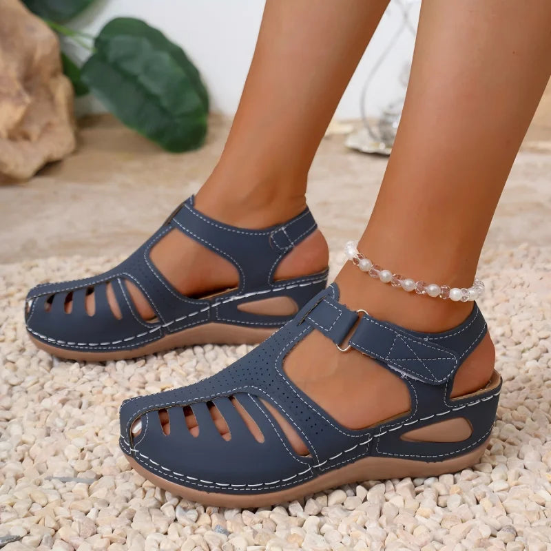 Summer Women Sandals Retro Hollow Out Leather Shoes Comfortable Soft Sole Ladies Beach Sandals Female Breathable Wedge Sandalia