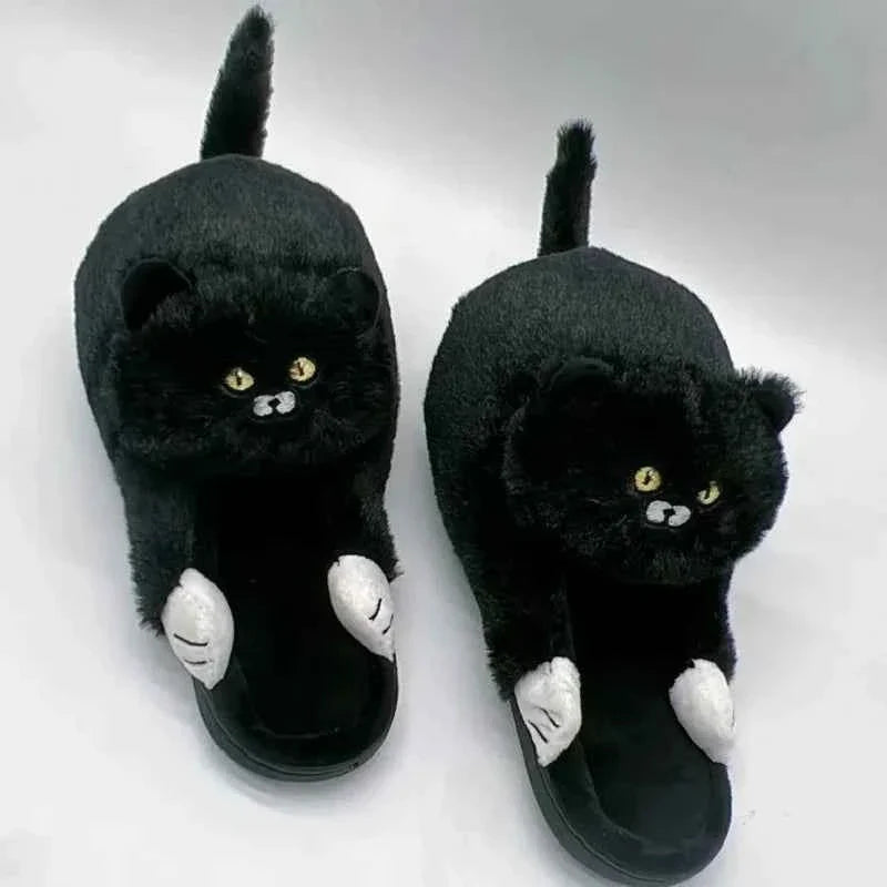 Cuddly Hug Cat Slippers Women Winter Home Fur Slides Kawaii
