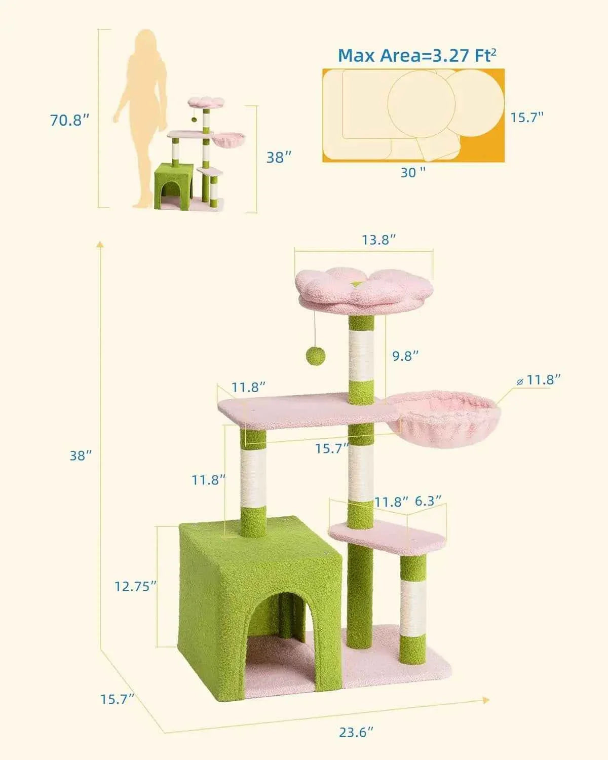 Large Cat Tree with 2-Door Condo – Scratching Posts, Floral Perch & Hammock for Adult Cats (Green/Pink)
