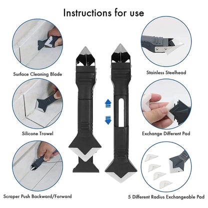 5 in 1 Metal Head Shovel Glue Tool Kit: Silicone Spatula, Caulk Remover, Grout Removal, Sealant Finishing & Corner Scrap