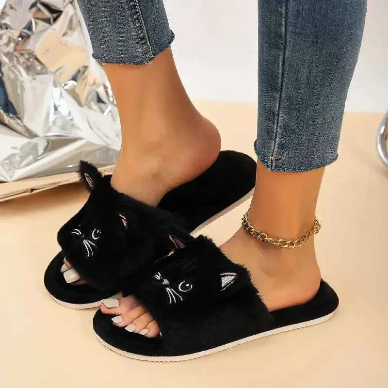 Casual Fluffy Slippers Women Home Flat Cat Cartoon Luxury