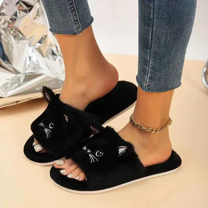 Casual Fluffy Slippers Women Home Flat Cat Cartoon Luxury