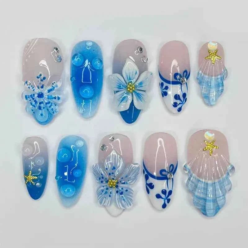 24pc Mid-Length Almond Press On Nails - Blue Smudge Full Cover Set