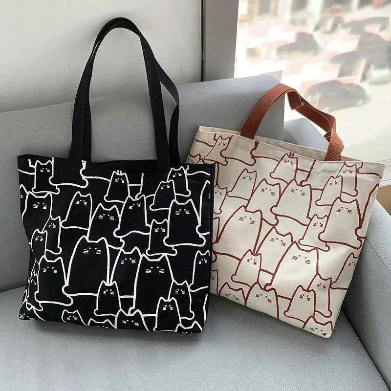 Kawaii Cute Cat Canvas Shopper Tote Bag (15.4 in) - Japanese Cartoon Shoulder Bag