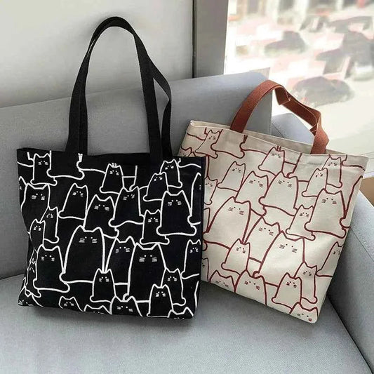 Kawaii Cute Cat Canvas Shopper Tote Bag (15.4 in) - Japanese Cartoon Shoulder Bag