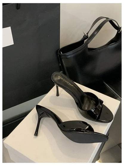 2026 Fashion Sexy Thin High Heels Slides Women Open Toe Pumps Slip Sandal Female Slippers Mule Patent Leather Outdoor Flip Flops