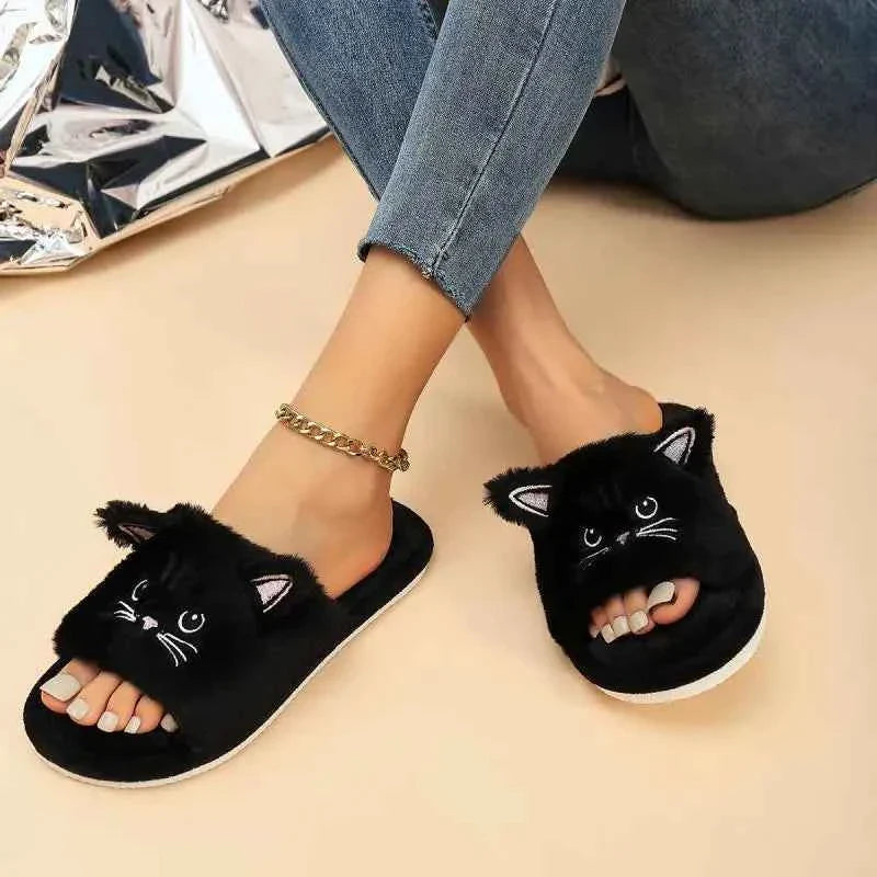 Casual Fluffy Slippers Women Home Flat Cat Cartoon Luxury