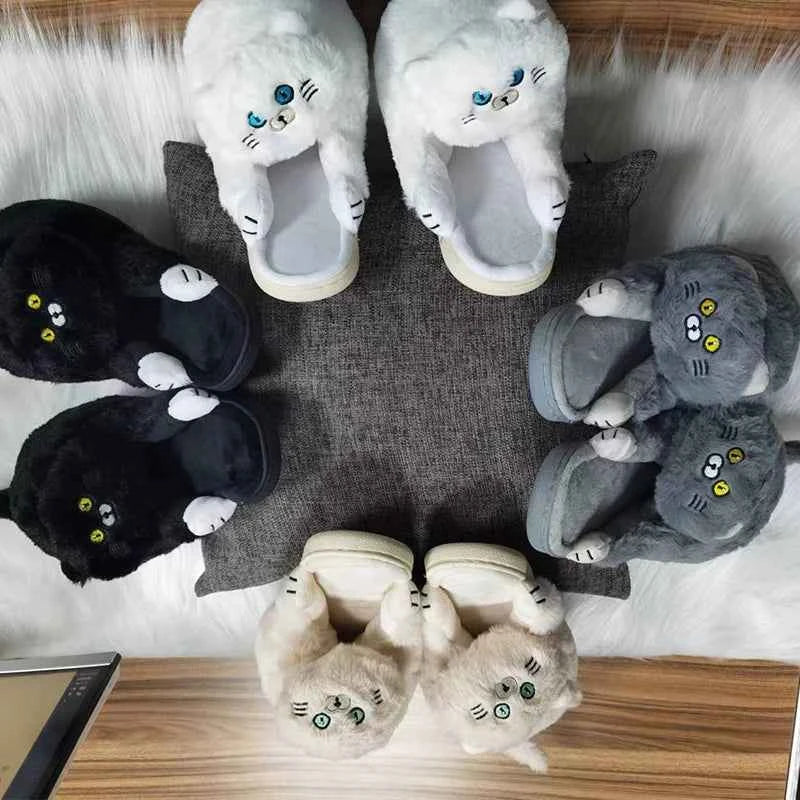 Cuddly Hug Cat Slippers Women Winter Home Fur Slides Kawaii