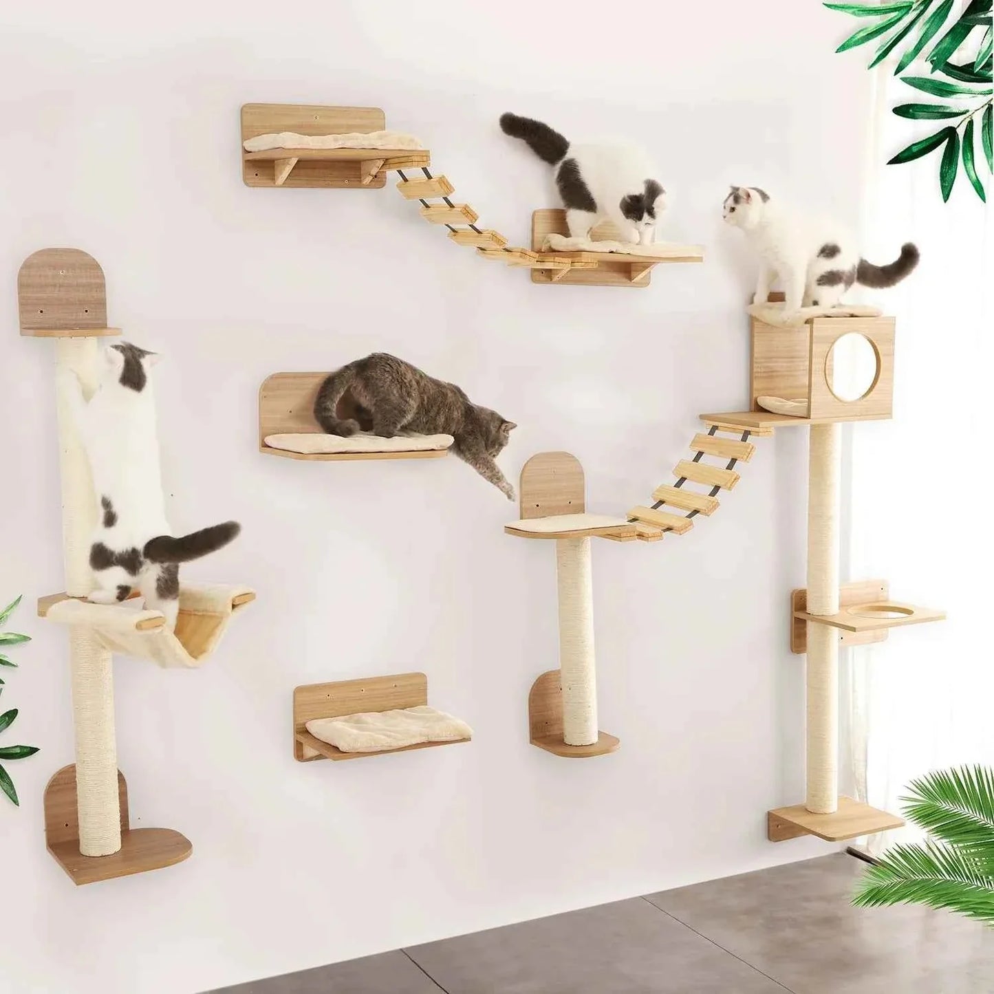 Wall-Mounted Cat Climbing Rope – Solid Wood Pedals & Sisal Scratch Training Toy for Indoor Cats