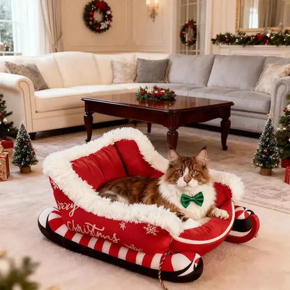 Christmas Sleigh Pet Bed – Removable Washable Plush Sofa with Non-Slip Base