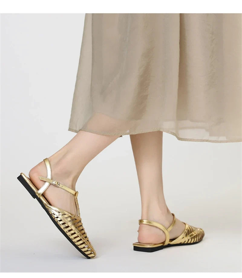 ZAROY Designer Narrow Band Flat Sandals Women Summer Point Toe Ankle Buckle Hollow Roman Sandal Plus Size Casual Beach Sandalias