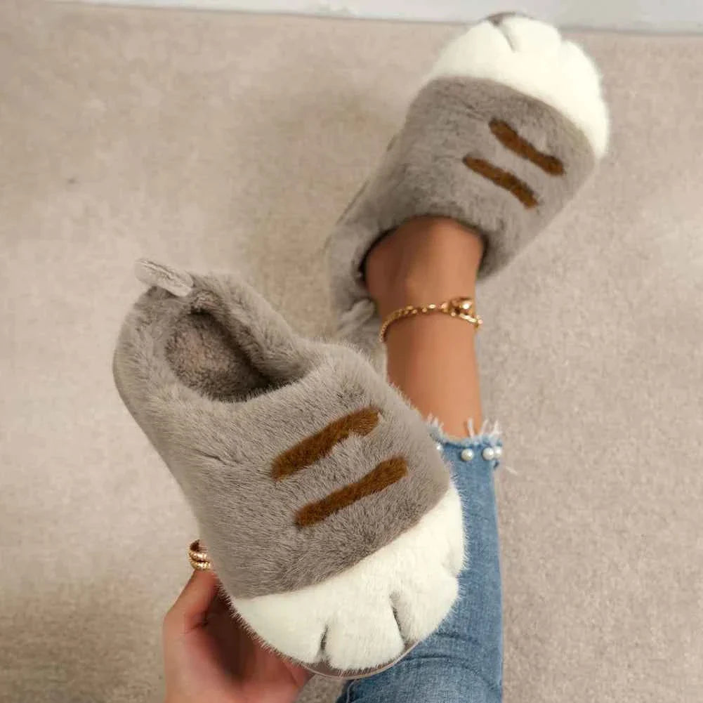 3D Cat Paw Plush Slippers – Cute Furry Warm Slip-On Indoor House Shoes for Women & Couples