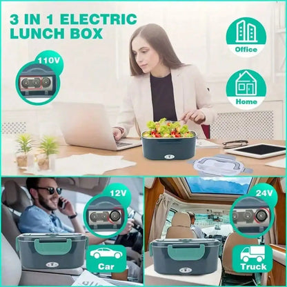 Electric Heating Lunch Box; 1.5L 304 Stainless Steel Dual Compartment Food Warmer, 12V Car Use, Portable Heated Bento Box With Fork, Spoon & Insulated Bag, Viral Must-Have For Office, Travel & Road Trips, Perfect Gift For Commuters, Drivers