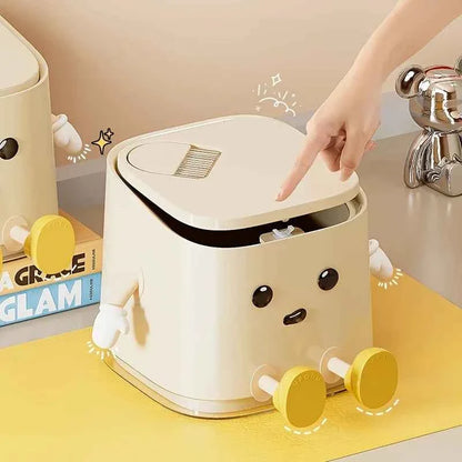 Cute Push-On Mini Trash Can Brush Compact Desktop Can