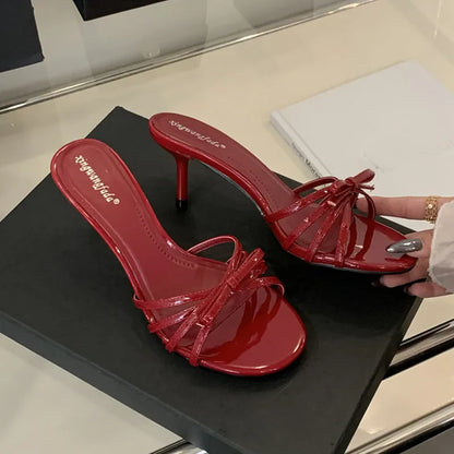 Women Thin Heels Sandals Slides Shoes Butterfly-Knot Footwear Fashion Round Toe Ladies High Heels Shoes Female Sandals Pumps