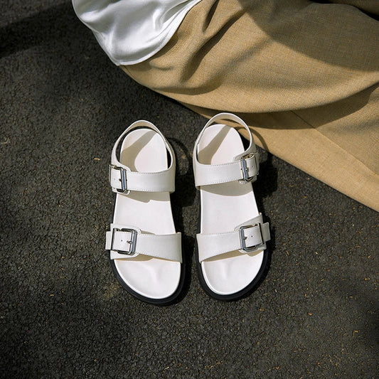 Sandalias de verano de cuero auténtico, calzado amarillo, planas, estilo romano, para mujer, sandalias gladiador con hebilla