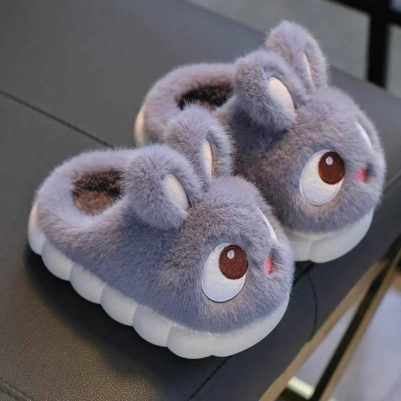 Kids Big-Eyed Rabbit Slippers – Cute Waterproof Warm Plush Indoor Shoes for Boys & Girls