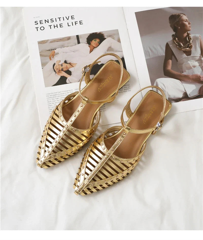 ZAROY Designer Narrow Band Flat Sandals Women Summer Point Toe Ankle Buckle Hollow Roman Sandal Plus Size Casual Beach Sandalias