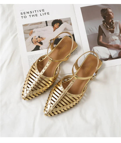 ZAROY Designer Narrow Band Flat Sandals Women Summer Point Toe Ankle Buckle Hollow Roman Sandal Plus Size Casual Beach Sandalias