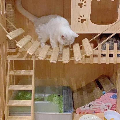Cat Climbing Bridge & Ladder – Wooden Cat Tower with Sisal Rope Scratching Post for Indoor Cats