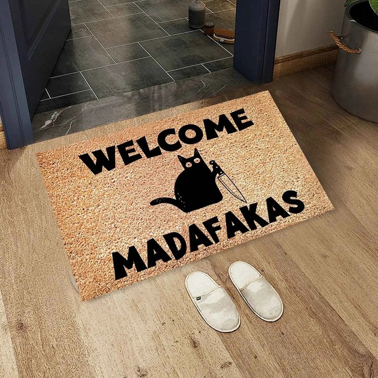 Black Cat Welcomes Madafakas Printed Doormat Home Decor