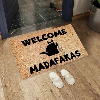 Black Cat Welcomes Madafakas Printed Doormat Home Decor