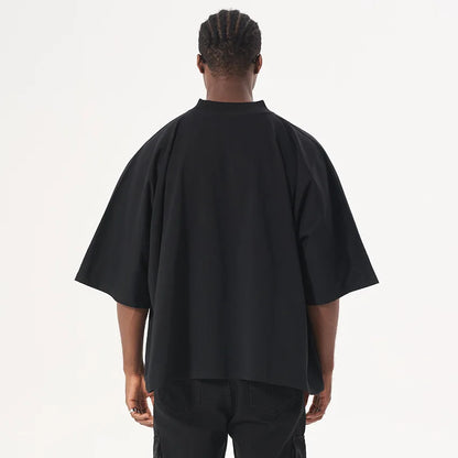 300GSM Heavyweight Cotton Boxy Cropped Tee | Slim Neck Streetwear T-Shirt Hip Hop Men's Short Wide Distressed Shirt