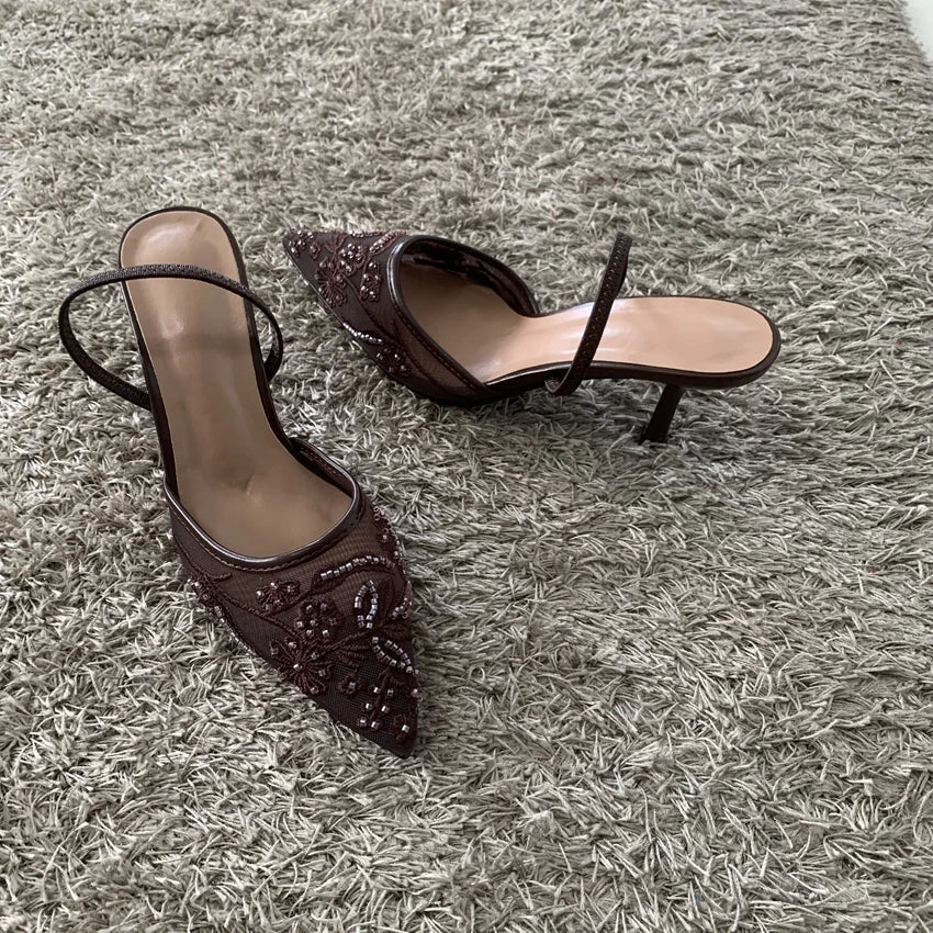2026 String Bead Mesh Embroider Slingback High Heels Women Sexy Pointed Toe Heeled Sandals Summer Elegant Luxury Designer Shoes