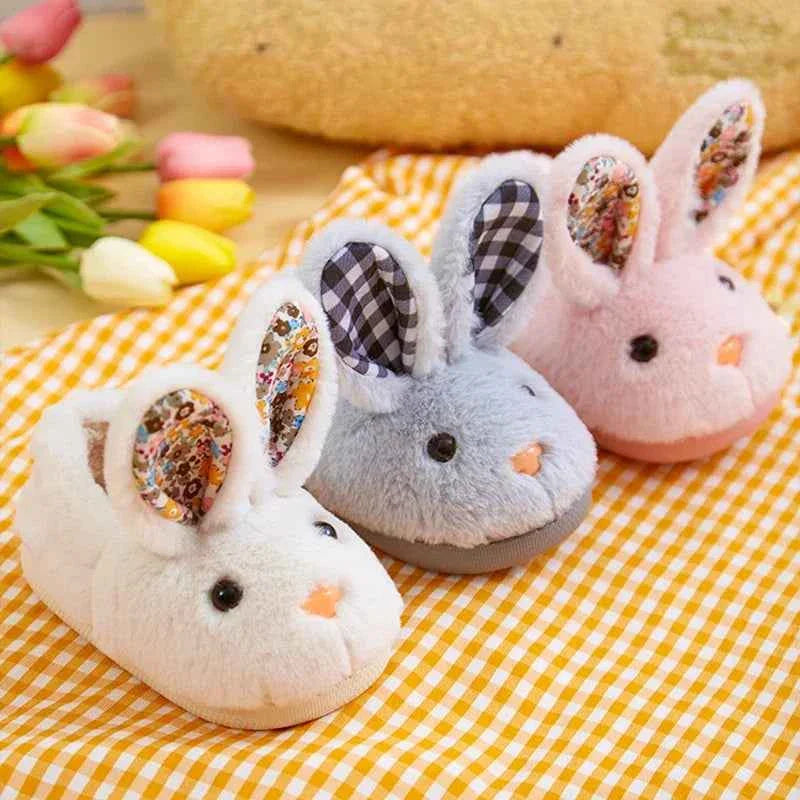 Kids Cartoon Rabbit Slippers – Warm Plush Indoor Anti-Slip Winter House Shoes for Boys & Girls