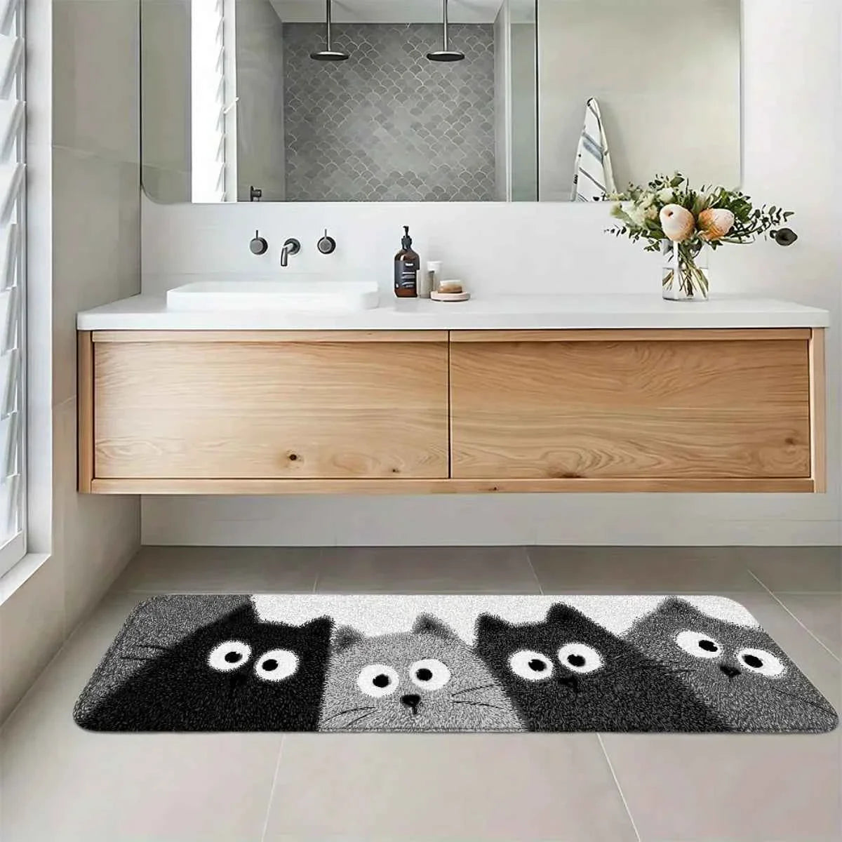 Cartoon Kitten Bath Mat Soft Cosy Noise-Reducing Bathroom