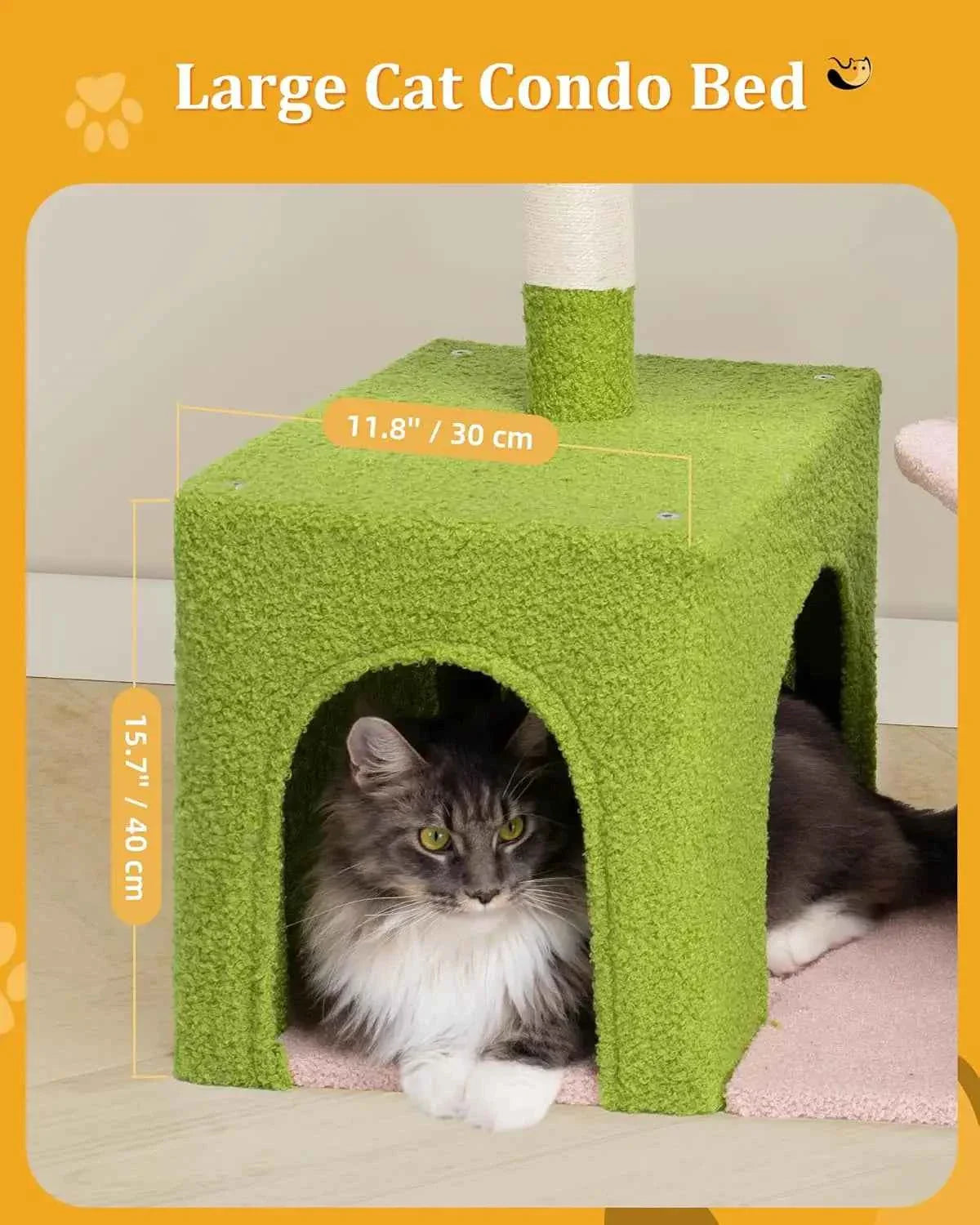 Large Cat Tree with 2-Door Condo – Scratching Posts, Floral Perch & Hammock for Adult Cats (Green/Pink)