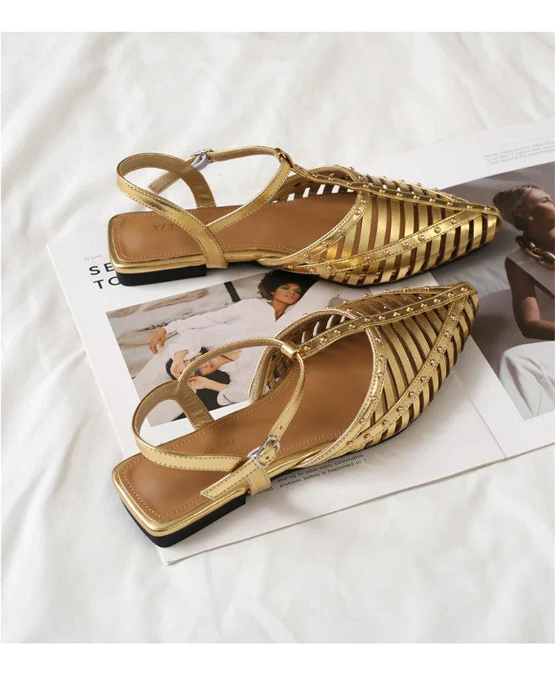 ZAROY Designer Narrow Band Flat Sandals Women Summer Point Toe Ankle Buckle Hollow Roman Sandal Plus Size Casual Beach Sandalias